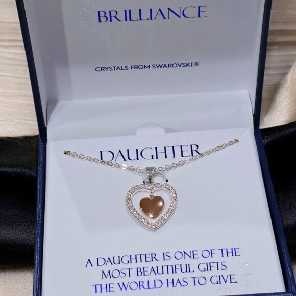 “Daughter” Swarovski Crystal Heart Pendant – 925 Silver & 18K Rose Gold 18" - Picture 3 of 4